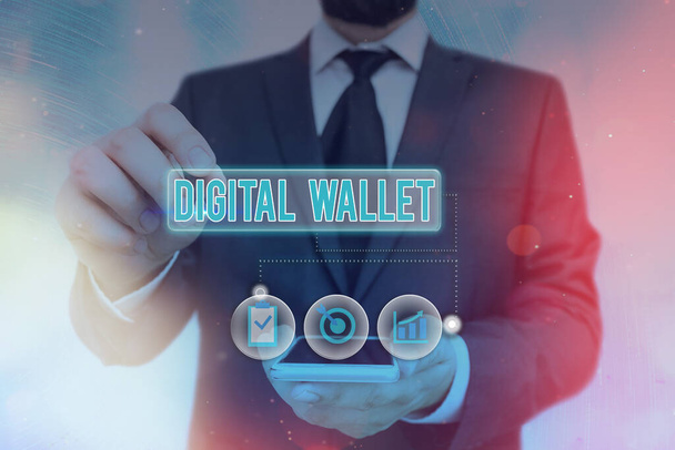 Текст для написания слов Digital Wallet. Бизнес-концепция финансового счёта, позволяющая создать онлайн-транзакцию
. - Фото, изображение
