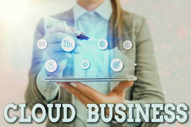 Γραπτό σημείωμα που δείχνει Cloud Business. Business photo showcasing internetbased delivery των υπηρεσιών που διατίθενται στους χρήστες. - Φωτογραφία, εικόνα