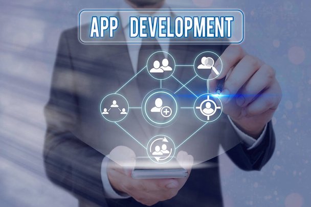 Szövegírás szöveg App Development. Üzleti koncepció speciális célú számítógépes szoftverek előállítására. - Fotó, kép