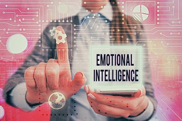 Tekst pisma Emotional Intelligence. Koncepcja oznacza zdolność do bycia świadomym, kontrolowania, czyjeś s to emocje. - Zdjęcie, obraz