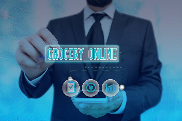 Szóírás szöveg Online élelmiszerbolt. Az online rendelést elfogadó szupermarket digitális változatának üzleti koncepciója. - Fotó, kép