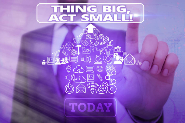 Word writing text Thing Big, act Small. Geschäftskonzept für Starts kurzfristig, um ein lebenslanges Ziel zu erreichen. - Foto, Bild