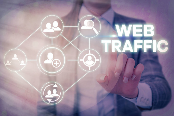 Pisanie tekstu Tekst Web Traffic. Koncepcja biznesowa dotycząca ilości użytkowników sieci web i próba wizyty mierzona na stronie internetowej. - Zdjęcie, obraz