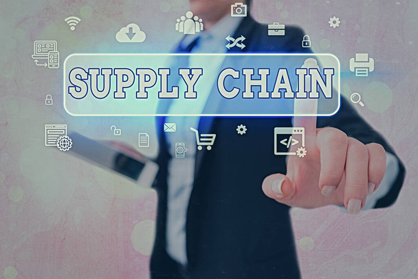 Conceptual hand writing showing Supply Chain. Business photo showcasing Aspects of smart modern company management logistics processes. - Photo, Image