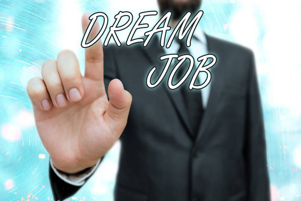 Note d'écriture montrant Dream Job. Photo d'affaires montrant la carrière professionnelle qu'une personne travaille dur pour la gagner
. - Photo, image