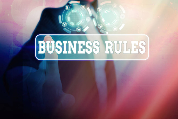 Conceptual hand writing showing Business Rules. Business photo showcasing the principles which determine the corporation s is activities. - Photo, Image