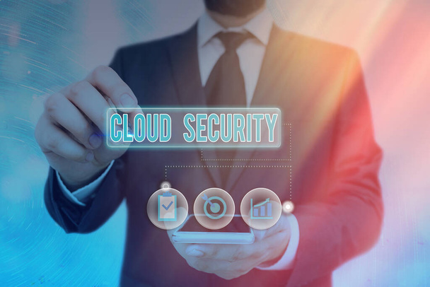 Tekst schrijven Cloud Security. Bedrijfsconcept voor het invoeren van een beveiligd systeem van bestaande gegevens op het internet. - Foto, afbeelding