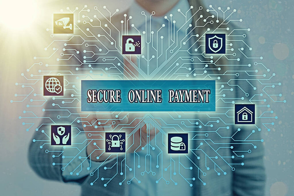 Kézírás szövegírás Biztonságos online fizetés. A koncepció biztonságos digitális technológiát jelent az átutalás elektronikus továbbítása. - Fotó, kép