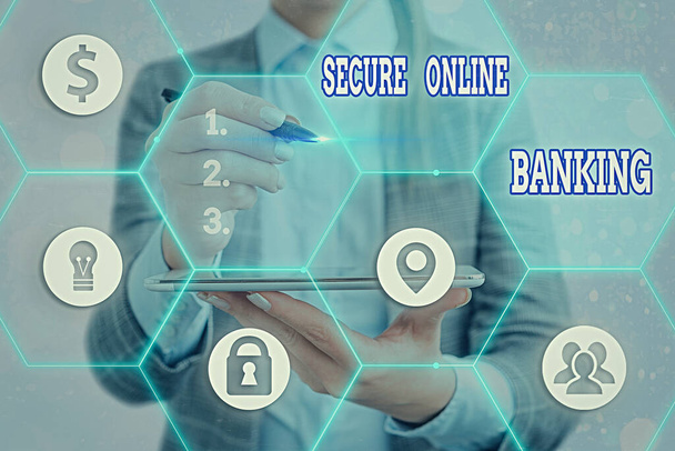 Notiz schreiben, das Secure Online Banking zeigt. Geschäftsfotos schützen digitale Bank für Internet-Transaktionen. - Foto, Bild