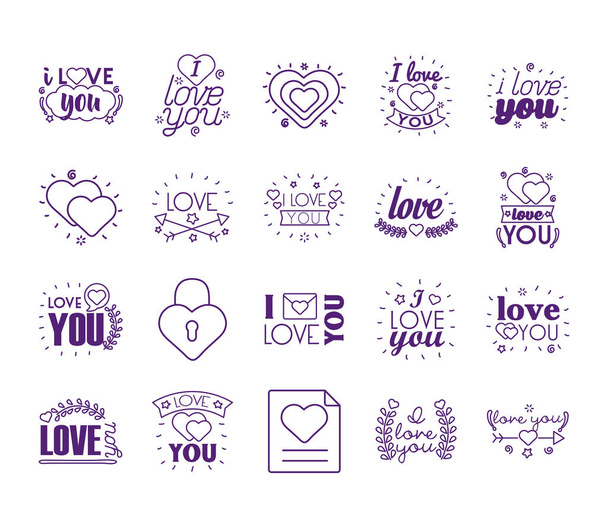 I love you texts line style icon set vector design - Vector, Image