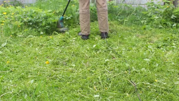 青いTシャツと医療用マスクの背の高い男が芝刈り機で芝生を刈る。暖かい夏の天気、草の風に移動します。民家の庭で雑草やタンポポの制御. - 映像、動画