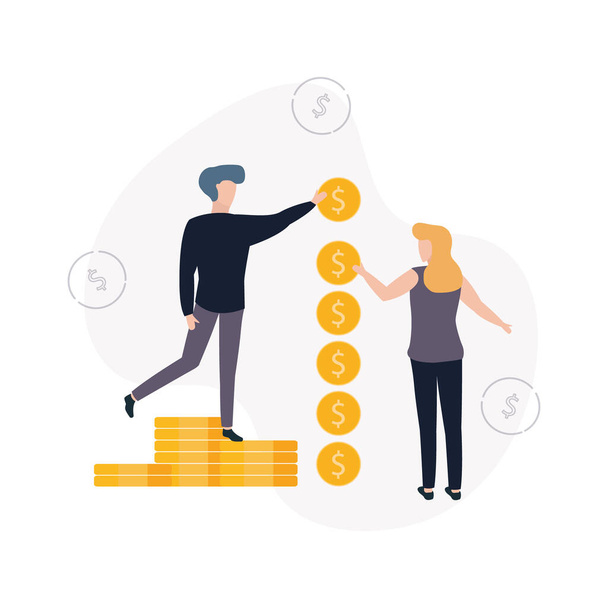 Illustration of a man standing on a stack of coins and a woman lay out coins, on the background of dollar signs - Vector, Image