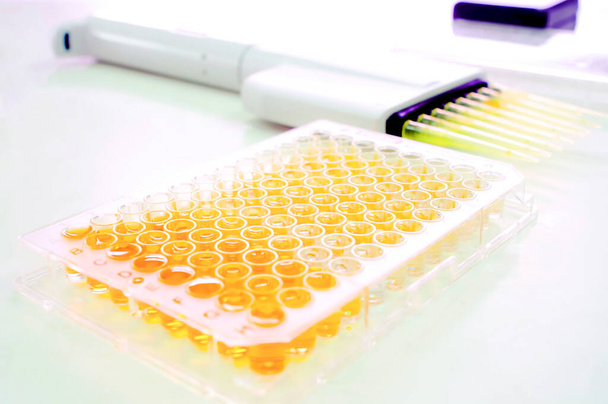 A microtiter plate or microplate or microwell plate is a flat plate with multiple "wells" used as small test tubes. The microplate has become a standard tool in analytical research and clinical diagnostic testing laboratories. A very common usage is  - Photo, Image