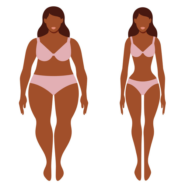 Dicke und dünne afroamerikanische Frau vor und nach Konzeptvektorillustration - Vektor, Bild