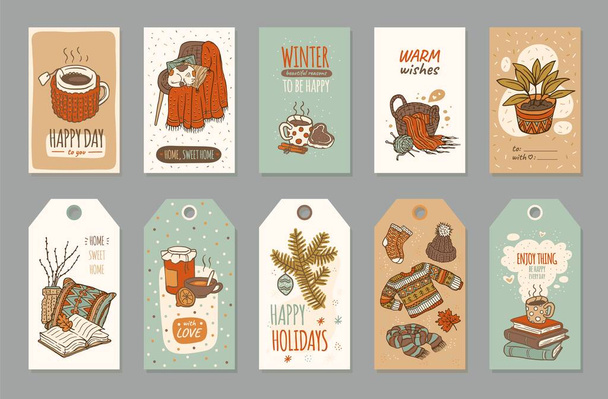 Hygge winter holidays label tag and cozy greeting card set - Vector, Image