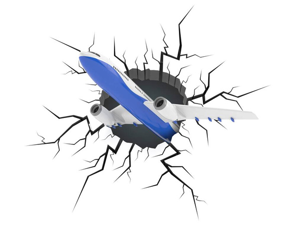 Airplane inside cracked hole isolated on white background. 3d illustration - Photo, Image