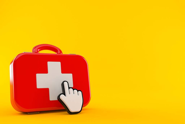 First aid kit with web cursor isolated on orange background. 3d illustration - Фото, изображение