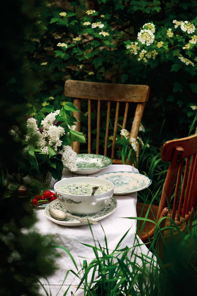 夏の庭にあるテーブルの上のロシアの伝統的な冷たいスープ「オクロシュカ」 - 写真・画像
