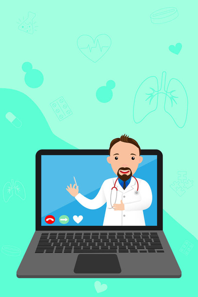 Doctor online on your laptop. Online medicine, consultation and diagnosis concept. Men therapist via smartphone. Web banner for medical app. Ask doctor online. Help and support. Vector illustration - Vector, Image