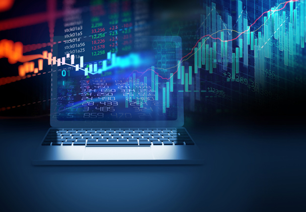 Dizüstü bilgisayardaki finans borsası grafiği iş yatırımı ve gelecekte hisse senedi ticareti kavramını temsil ediyor. - Fotoğraf, Görsel
