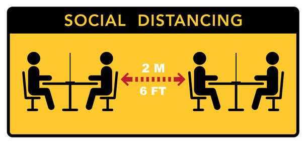 Κρατήστε μια κοινωνική απόσταση σε εστιατόρια και καφετέριες. Τα τραπέζια των επισκεπτών βρίσκονται σε ασφαλή απόσταση. Εικονογράφηση διανύσματος - Διάνυσμα, εικόνα