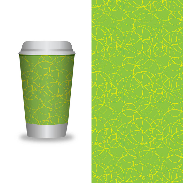 Vector take away coffee packaging templates and design elements for coffee shops - cardboard cup with seamless patterns. Vector illustration - Vektör, Görsel