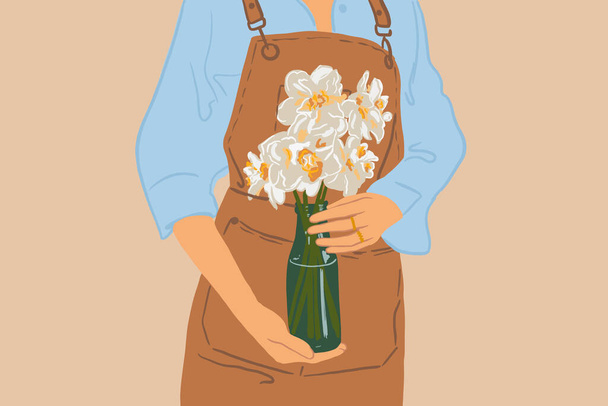 Γυναίκα με ποδιά και λουλούδια - Διάνυσμα, εικόνα