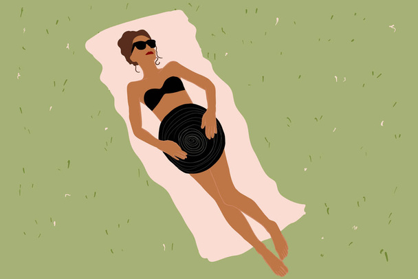 Ilustración de una mujer en traje de baño tomando el sol sobre una manta
 - Vector, imagen