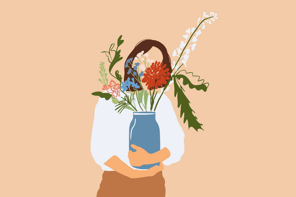 Γυναίκα με όμορφο μπουκέτο λουλούδια - Διάνυσμα, εικόνα