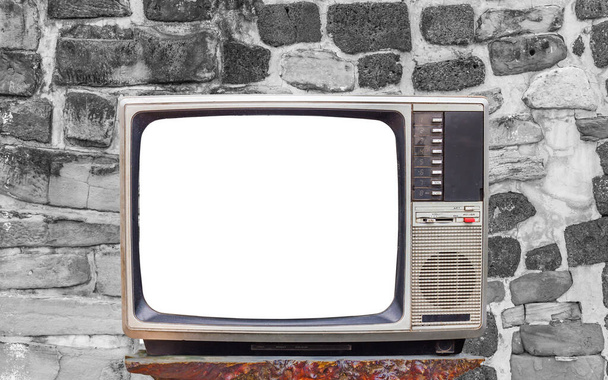レトロなテレビは白いレンガの壁に背を向け古典的なヴィンテージのレトロなスタイルの古いテレビをカットスクリーンで - 写真・画像