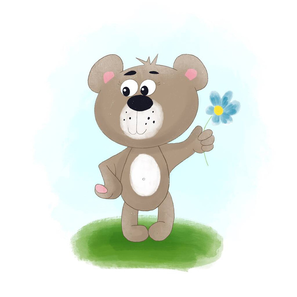 Leuke Tekenfilm teddybeer met een blauwe bloem  - Foto, afbeelding