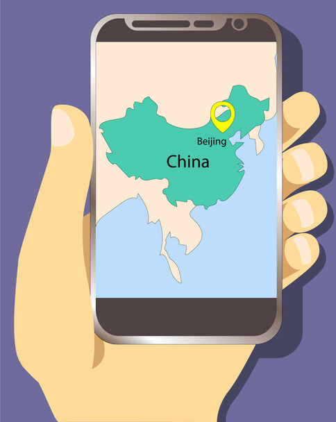 Las manos turísticas están sosteniendo un teléfono inteligente con el mapa de China
. - Vector, imagen