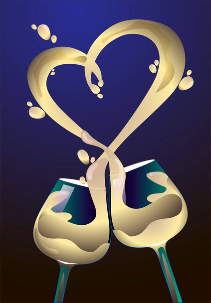 Two Glasses of White Wine Abstract Heart Splash - Vector, Image