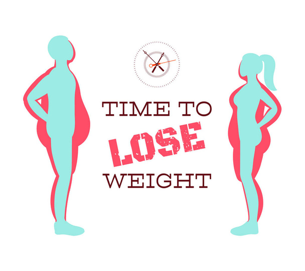 Silhouettes of man and woman show process of losing weight. Slimming stages. Progress fitness and diet. Process of losing weight. Man and woman before and after slimming. Stages of weight loss. EPS8 - Vector, imagen