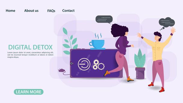 Digital detox banner concept for web and mobile sites Guy meets girl running out of phone, flat vector illustration - Vector, Image