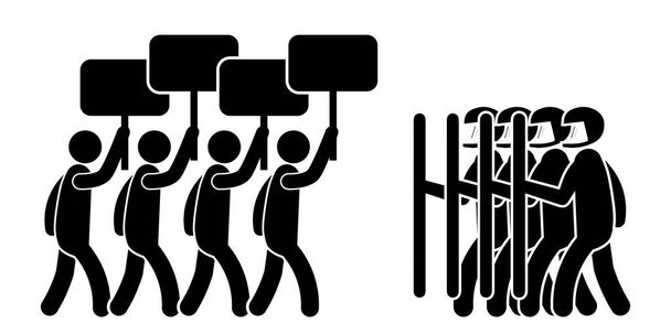 Protesters with Riot Police. Pictogram Illustration depicting protesters with signs and riot police law enforcement. Black and white EPS Vector File. - Vector, Image