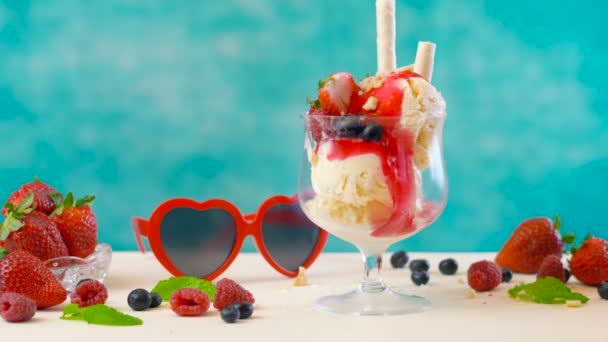 Making gourmet berry and vanilla ice cream sundae - Footage, Video