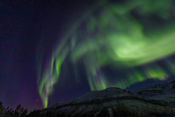 Paisaje con Aurora Borealis sobre Lakselvbukt, norte de Noruega. - Foto, imagen