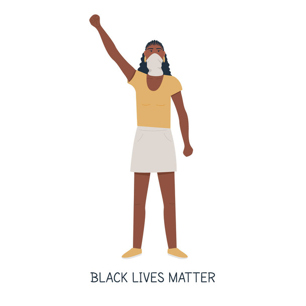 African American protester, hand fist raised up into air. Black woman protesting, fighting for human rights rebel manifestation. Black lives matter caption. Flat vector illustration. - Vector, Image
