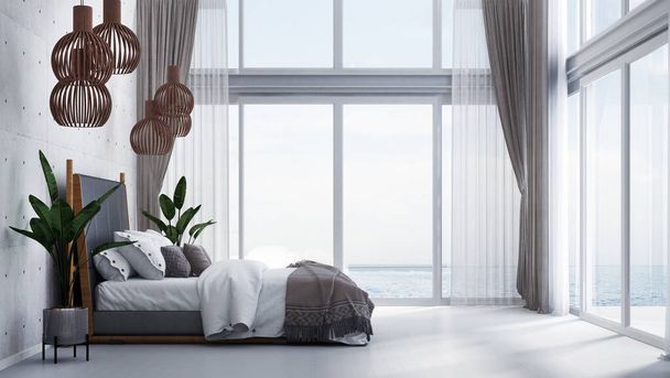 Современный дизайн интерьера лофта спальни с двойным пространством и бетонной стеной и видом на море
 - Фото, изображение