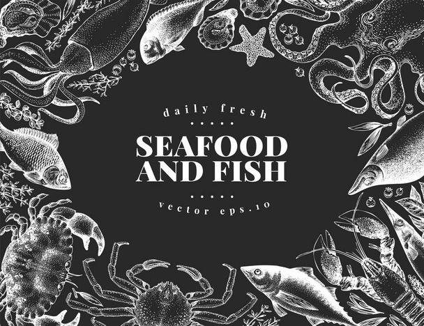 Hand drawn seafood design template. Vector crabsfishes and oystrers illustrations on chalk board. Vintage marine background - Вектор, зображення