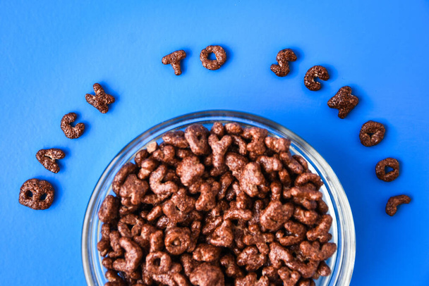 A plate with a quick breakfast of chocolate flakes in the shape of letters from which is laid out Back to school. September 1 concept. Top view, flat lay - Photo, Image