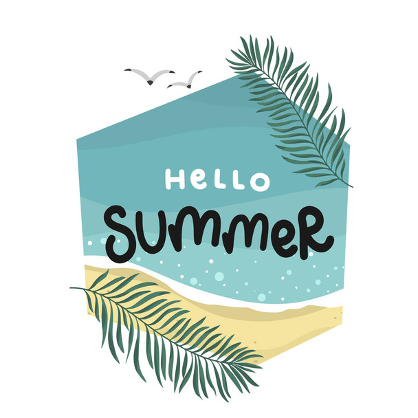 hello summer, palm and seagull, sea and beach, lettering hand drawing calligraphy, vector - Vector, imagen