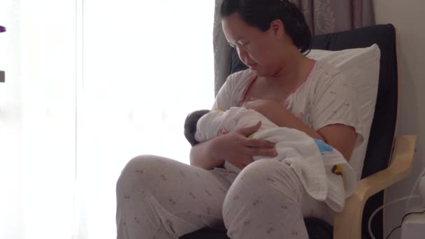 Aziatisch moeder houden haar baby borstvoeding thuis close-up van de Chinese vrouw geven zuigen naar een baby - Video
