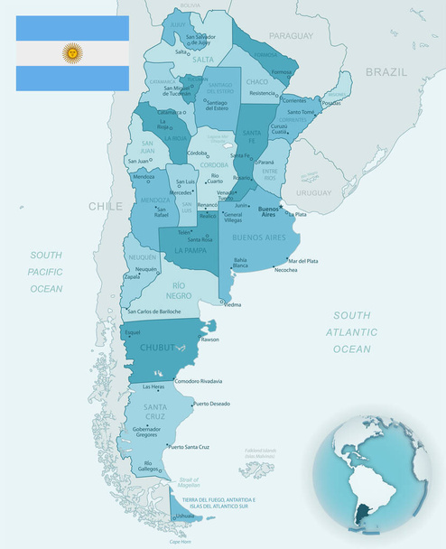 Modro-zelená podrobná mapa argentinských správních divizí s vlajkou země a polohou na zeměkouli. - Vektor, obrázek