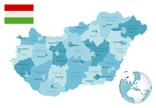 Węgry administracyjne niebiesko-zielona mapa z flagą kraju i położenie na globie. - Wektor, obraz