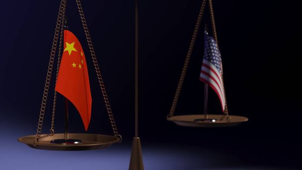 バランスの鉢の上の中国と米国の旗は、青い背景で拡大する。3Dレンダリング - 写真・画像