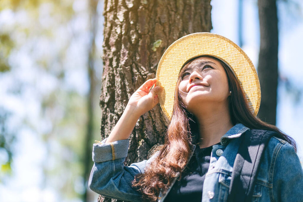 An asian female traveler with a hat and backpack looking into a beautiful pine woods - Фото, изображение