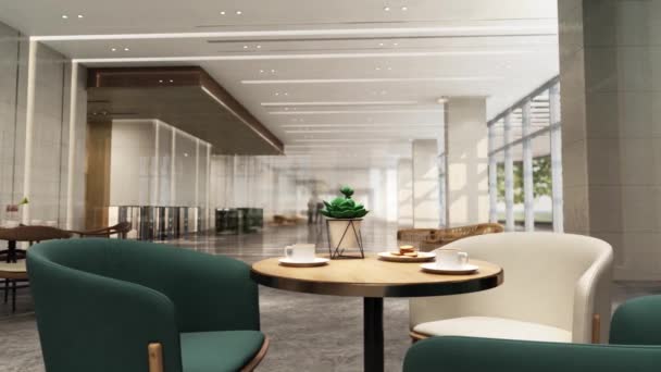 3d animatie close shot van fauteuils & salontafel in moderne kantoor lobby wachtruimte - Video