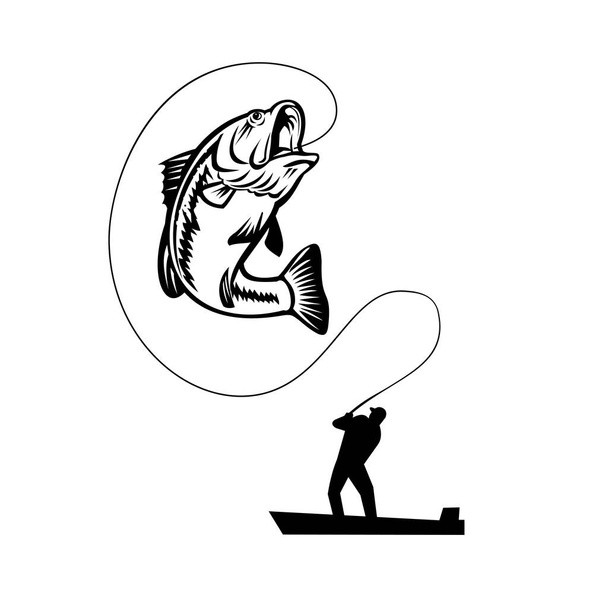 Illustratie van een visser baars vissen vangen van een largemouth, largies, noordelijke largemouth, widemouth, bucketmouth of Florida bass, springen op geïsoleerde achtergrond in retro zwart-wit stijl. - Vector, afbeelding